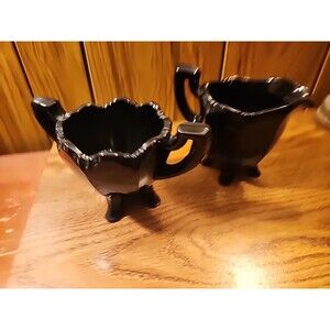 Vintage Black Amethyst Depression Glass Footed Creamer And Sugar Set Scalloped